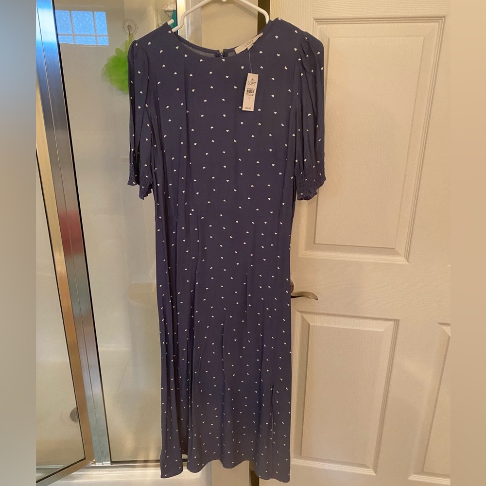 LOFT size 10 hearts on blue dress! Never worn, tag still on, stunning!